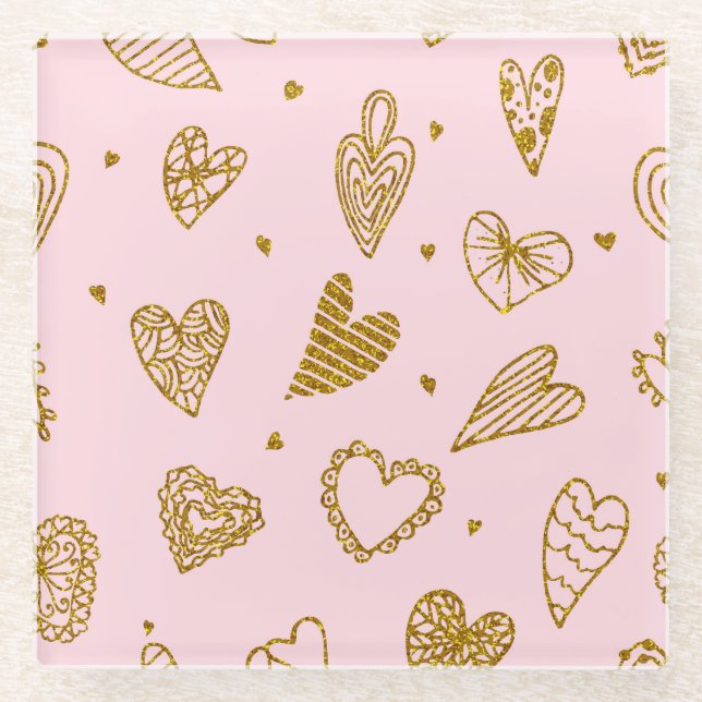 Gold glitter hearts: pink background pattern glass coaster (Front)
