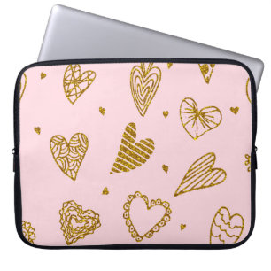 Gold glitter hearts: pink background pattern laptop sleeve