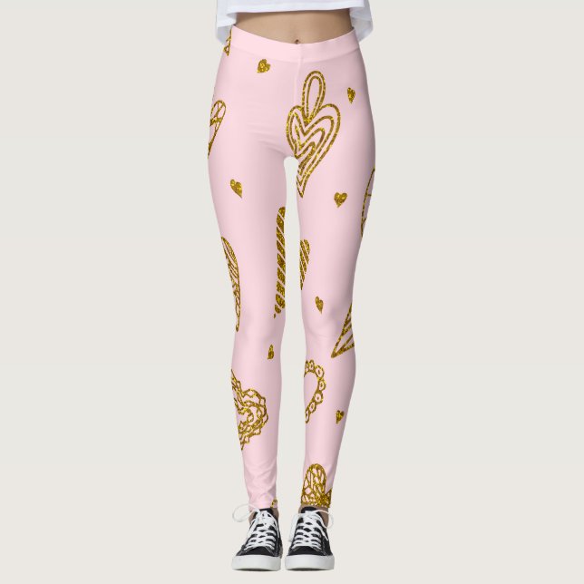 Gold glitter hearts: pink background pattern leggings (Front)