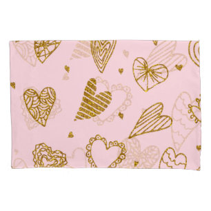 Gold glitter hearts: pink background pattern pillowcase
