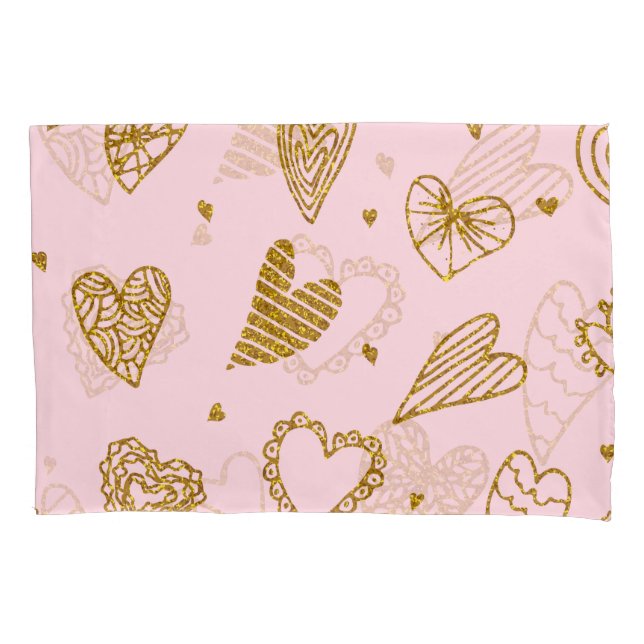 Gold glitter hearts: pink background pattern pillowcase (Front)