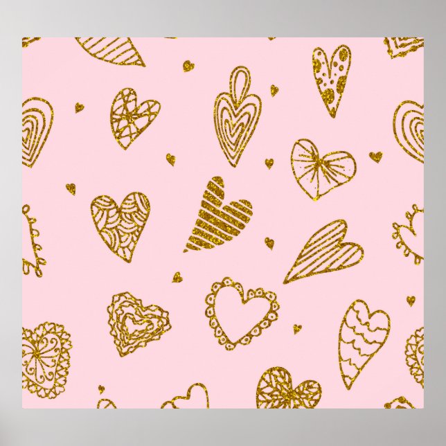 Gold glitter hearts: pink background pattern poster (Front)