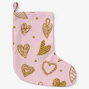 Gold glitter hearts: pink background pattern small christmas stocking