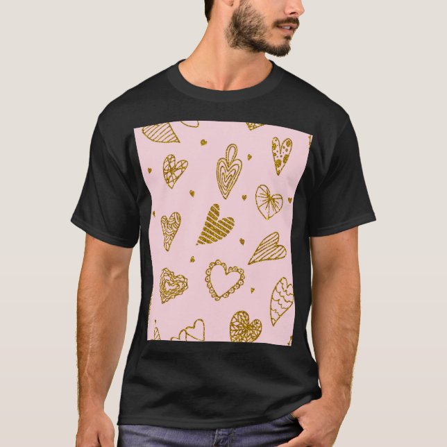 Gold glitter hearts: pink background pattern T-Shirt (Front)