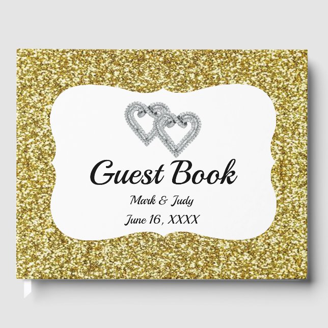 Gold Glitter Hearts Wedding Guestbook (Front)