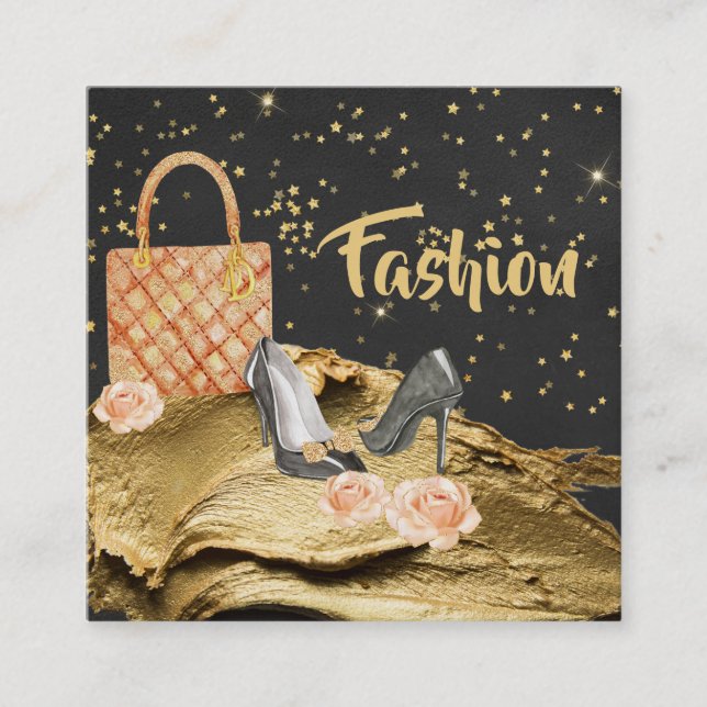 *~* Gold Glitter HEELS BAG ROSE FASHION Square Business Card (Front)