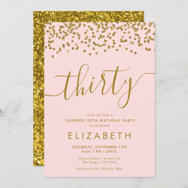 Gold Glitter Hello 30 Thirtieth Birthday Invitatio Invitation (Front/Back)