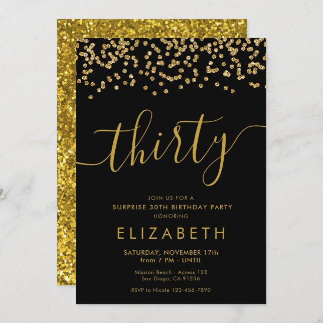 Gold Glitter Hello 30 Thirtieth Birthday Invitatio Invitation (Front/Back)