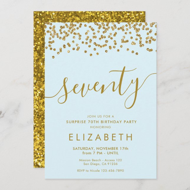 Gold Glitter Hello 70 Seventieth Birthday Invitati Invitation (Front/Back)