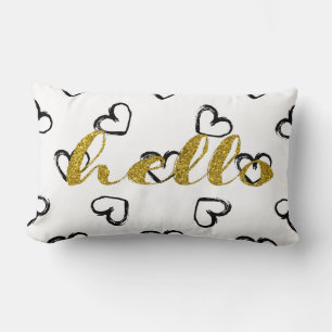 Gold Glitter Hello Script Doodle Heart Lumbar Cushion