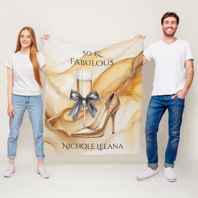 Gold Glitter High Heel 50 & Fabulous Birthday Fleece Blanket (In Situ)
