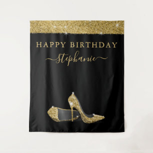 Gold Glitter High Heels Birthday Backdrop Tapestry