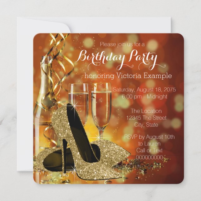 Gold Glitter High Heels Champagne Birthday Party Invitation (Front)