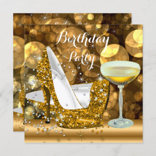 Gold Glitter High Heels Champagne Birthday Party Invitation