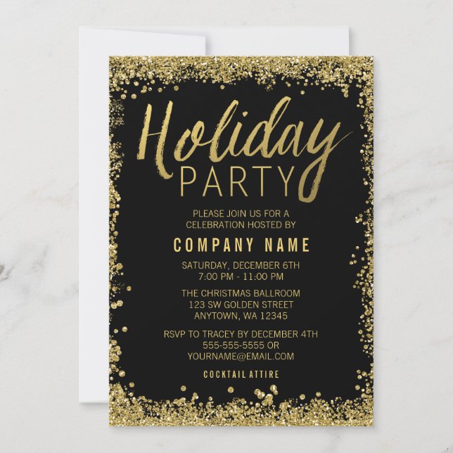Gold Glitter Holiday Party Invitation (Front)