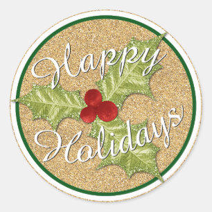 Gold Glitter Holiday Season Holly Leaves Pattern Classic Round Sticker