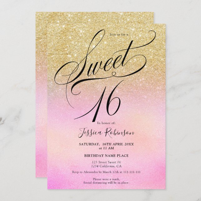 gold glitter holographic script chic Sweet 16 Invitation (Front/Back)