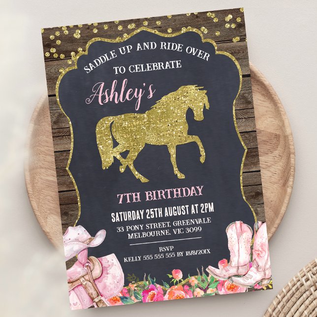 Gold Glitter Horse Saddle Up Birthday Invitation (Gold Glitter Saddle Up Horse Birthday Invitation Gallop Over Pony Birthday Invitation Horse Birthday)