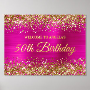 Gold Glitter Hot Pink 50th Birthday Welcome Foil Prints