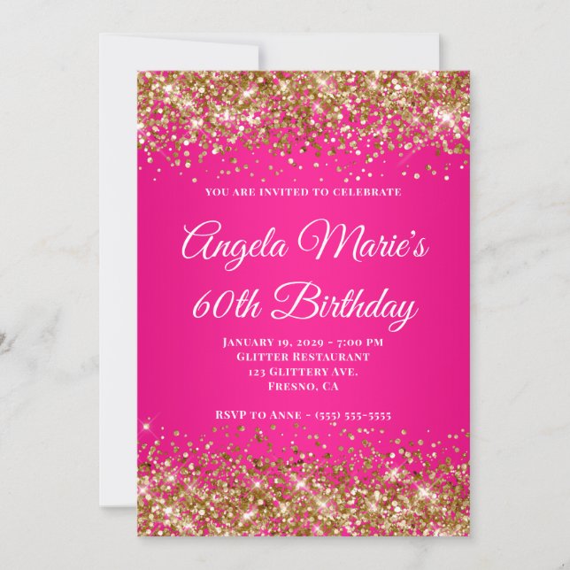 Gold Glitter Hot Pink Fancy Monogram 60th Birthday Invitation (Front)