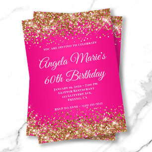 Gold Glitter Hot Pink Fancy Monogram 60th Birthday Invitation