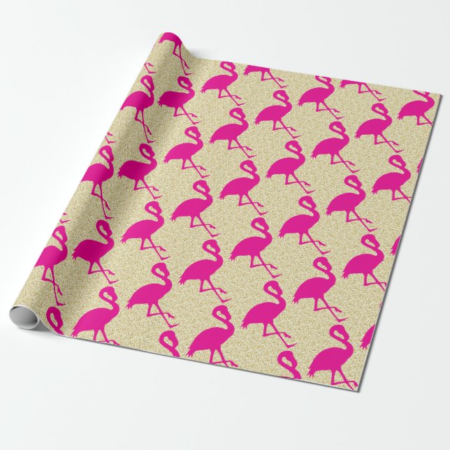 Gold Glitter Hot Pink Flamingo Wrapping Paper (Unrolled)