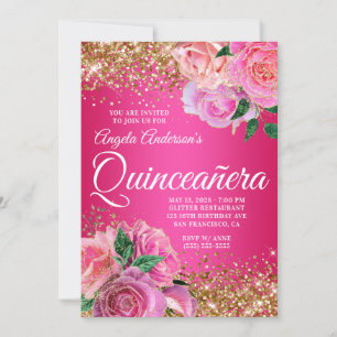 Gold Glitter Hot Pink Floral Glam Quinceañera Invitation