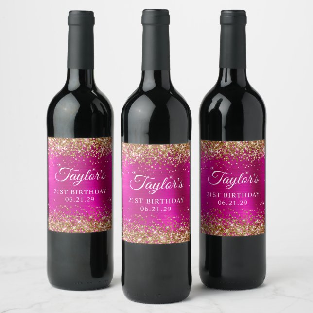 Gold Glitter Hot Pink Foil 21st Birthday Wine Label (Bottles)