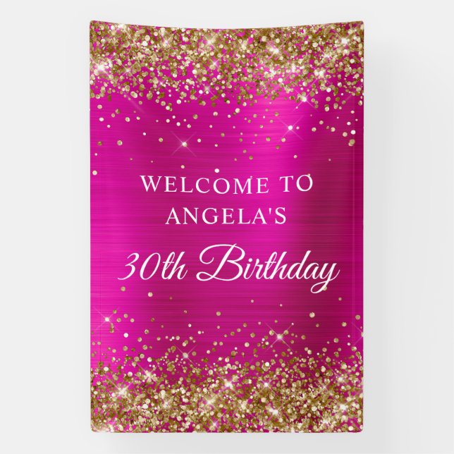 Gold Glitter Hot Pink Foil 30th Birthday V Banner (Vertical)