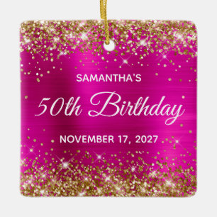 Gold Glitter Hot Pink Foil 50th Birthday Ceramic Ornament