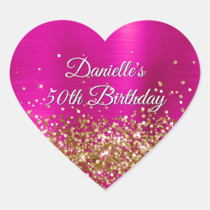 Gold Glitter Hot Pink Foil 50th Birthday Heart Sticker