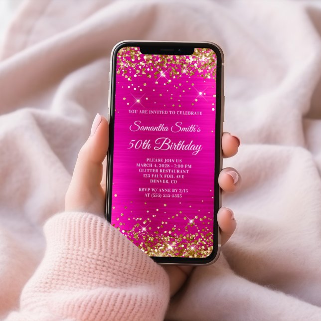 Gold Glitter Hot Pink Foil 50th Birthday Invitation (Gold Glitter Hot Pink Foil 50th Birthday Invitation)