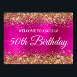 Gold Glitter Hot Pink Foil 50th Birthday Welcome Poster<br><div class="desc">A modern elegant calligraphy with a modern all caps style font. Create your own 50th birthday party celebration welcome sign 24x18 poster for your friend. I have some other milestone birthdays available, but can answer creator requests here in the system. The background features a faux sparkly gold glitter on the...</div>