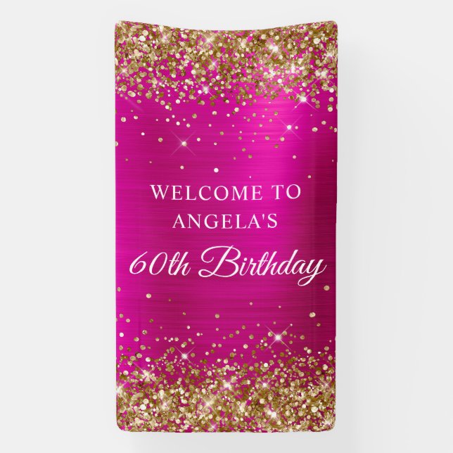 Gold Glitter Hot Pink Foil 60th Birthday Vertical Banner (Vertical)
