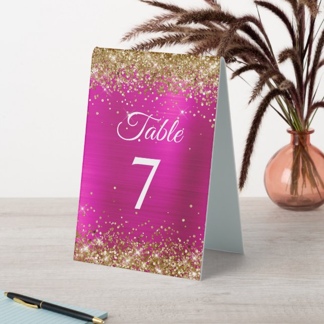 Gold Glitter Hot Pink Foil Elegant Table Number (In SItu (Table))