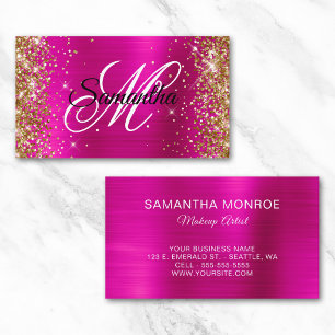 Gold Glitter Hot Pink Foil Fancy Monogram Business Card
