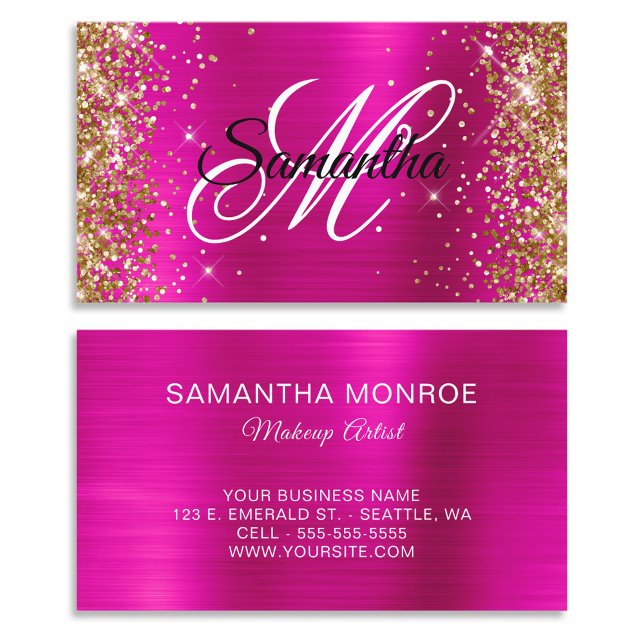 Gold Glitter Hot Pink Foil Fancy Monogram Business Card (Gold Glitter Hot Pink Foil Fancy Monogram Business Cards)