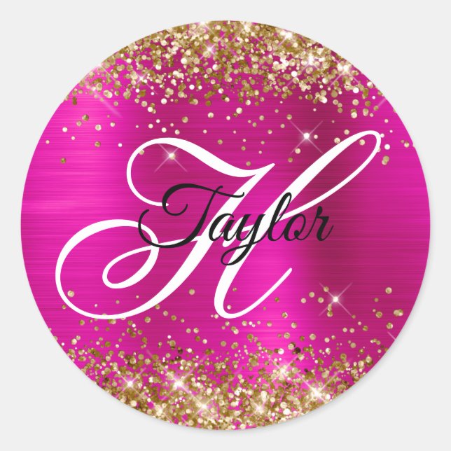 Gold Glitter Hot Pink Foil Fancy Monogram Classic Round Sticker (Front)