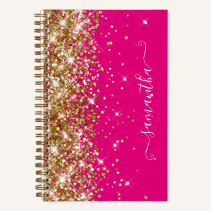 Gold Glitter Hot Pink Modern Girly Signature Notebook