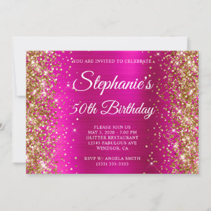 Gold Glitter Hot Pink Monogram 50th Birthday Invitation