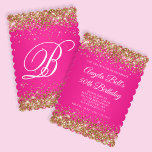 Gold Glitter Hot Pink Monogram 50th Birthday Invitation<br><div class="desc">An elegant monogrammed 50th birthday 5x7 invitation for her. 
Faux shiny gold glitter with sparkles against a bright hot pink ombre graphic image. 
The white classic fancy calligraphy of the monogram can be customised. 
All the shiny elements in this modern girly design are digital graphics.</div>