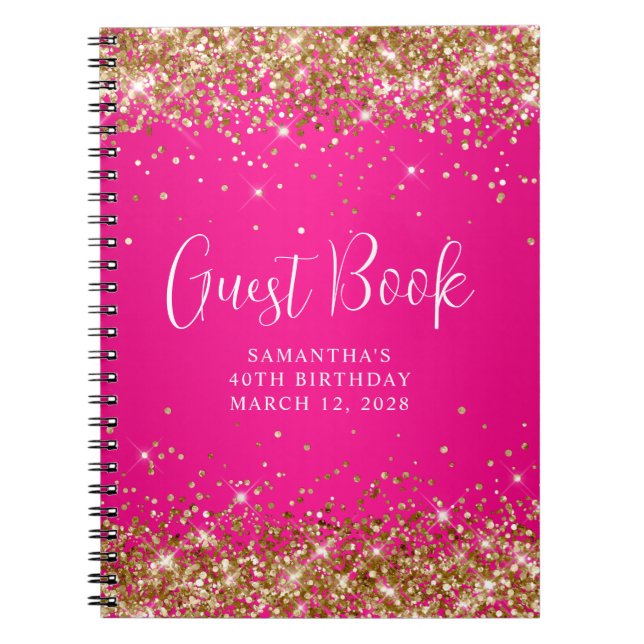 Gold Glitter Hot Pink Ombre 40th Birthday Guest Notebook (Front)