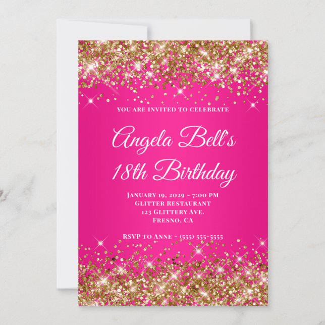 Gold Glitter Hot Pink Ombre Monogram 18th Birthday Invitation (Front)