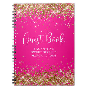 Gold Glitter Hot Pink Ombre Sweet 16 Guest Notebook