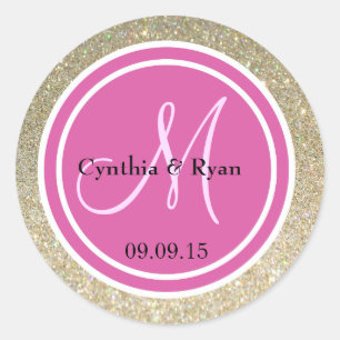 Gold Glitter & Hot Pink Wedding Monogram Classic Round Sticker