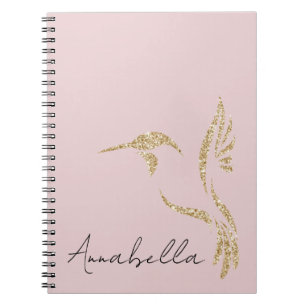 Gold Glitter Hummingbird & Custom Name on Pink Notebook