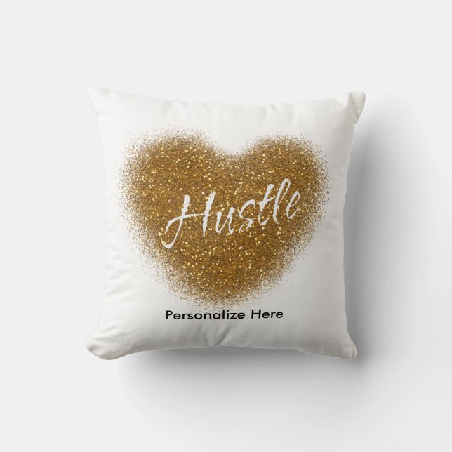 Gold Glitter HUSTLE Heart Glamour Throw Pillow (Front)