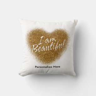 Gold Glitter I AM BEAUTIFUL Heart Throw Pillow
