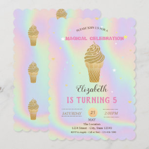 Gold Glitter Ice cream Holographic Birthday Invitation