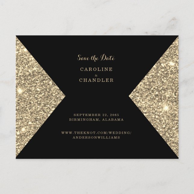 Gold Glitter Image & Black Glam Save the Date Postcard (Front)